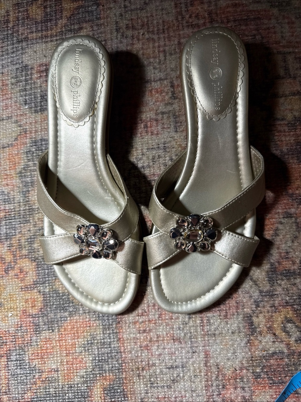 lindsay phillips Silver Slide Mules with Crystal Flower Accent